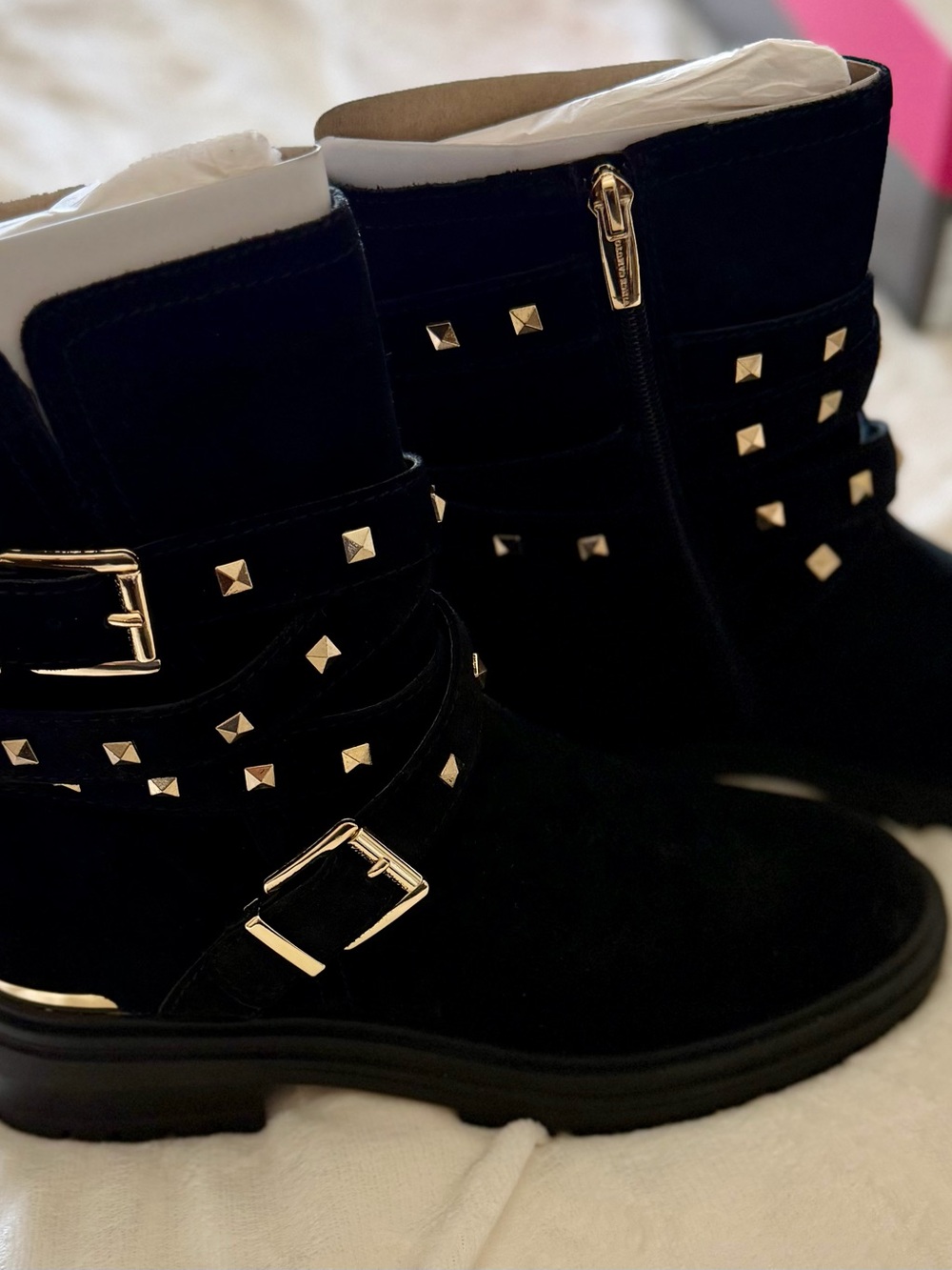 Vince Camuto Black Studded Buckle Ankle Boots